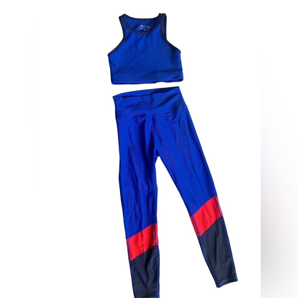 WILO by Anthropologie Blue Red Navy Colorblock Leggings & Crop Tank Set